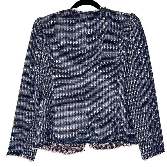 Rebecca Taylor Tweed Open Front Blazer Frayed Trim Navy w/ Pink & White Small - Picture 5 of 11